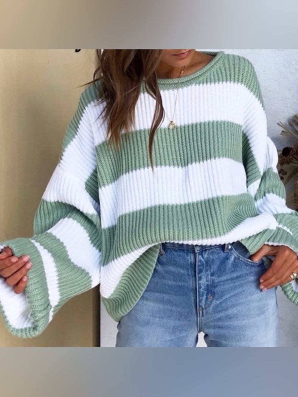Amazon Zesica Green White Striped Knit Pullover Sweater Oversized Small Longslee